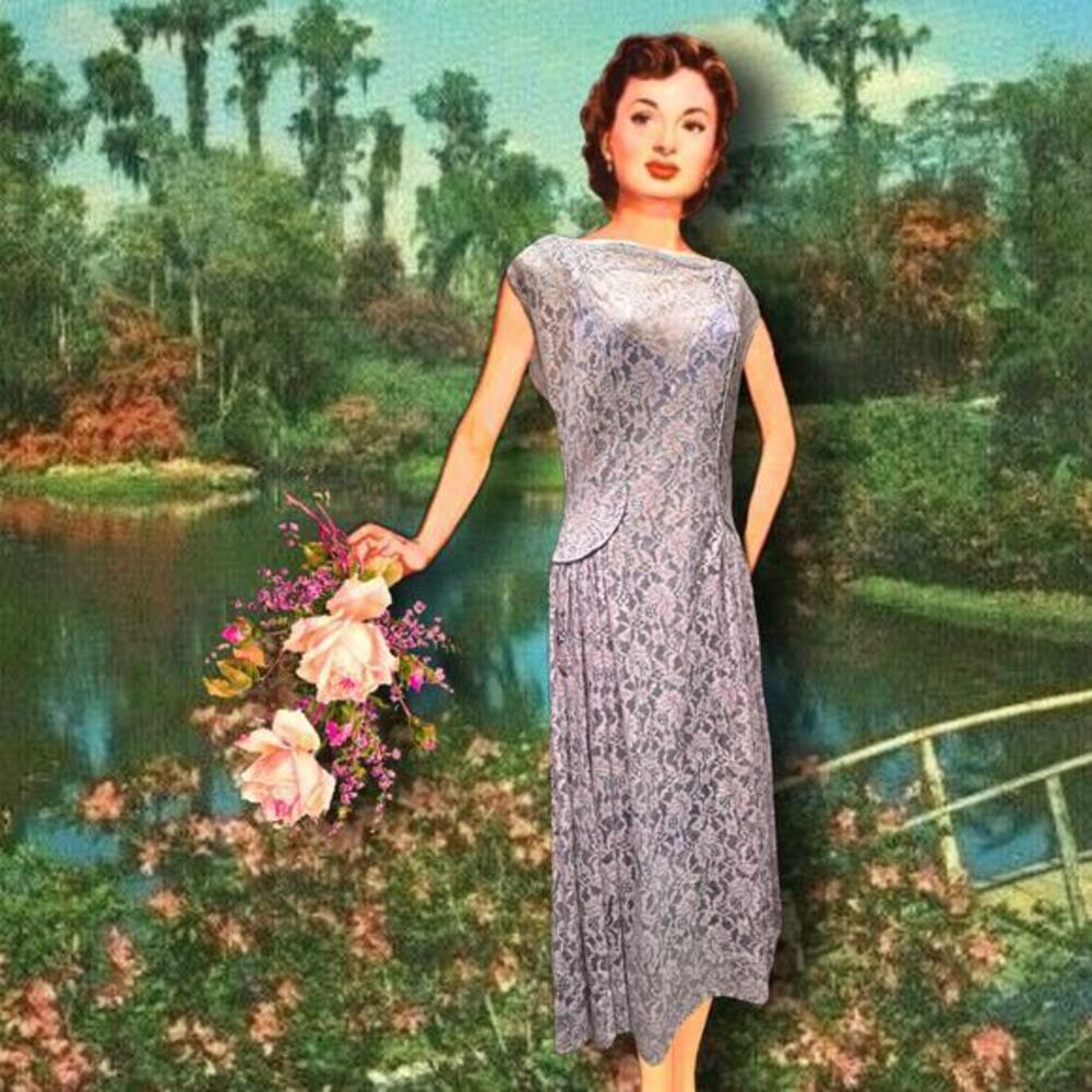 1940’s Lilac Lace Party Dress Sheer Size Small Flapper Evening Gown Vintage Deco